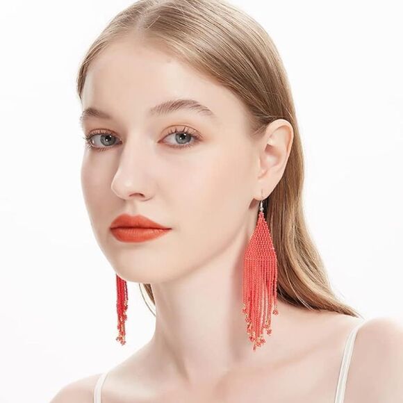 Red Bohemian Seed Bead Tassel Dangling Statement French Wire Hook Earrings - Picture 7 of 8